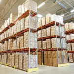 interior of modern warehouse. Rows of shelves with boxes